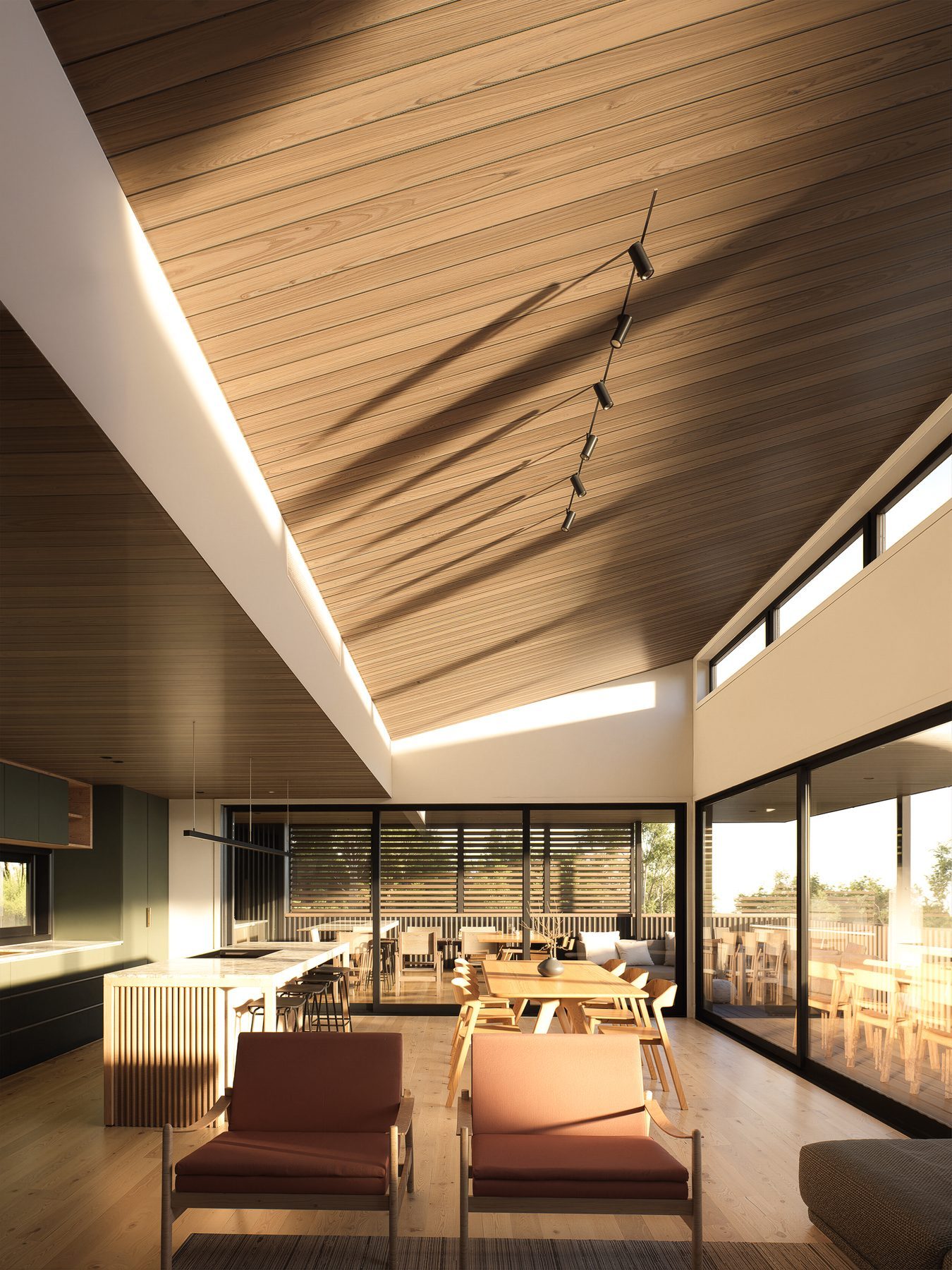 Interior render: warm timber living under a raking ceiling.