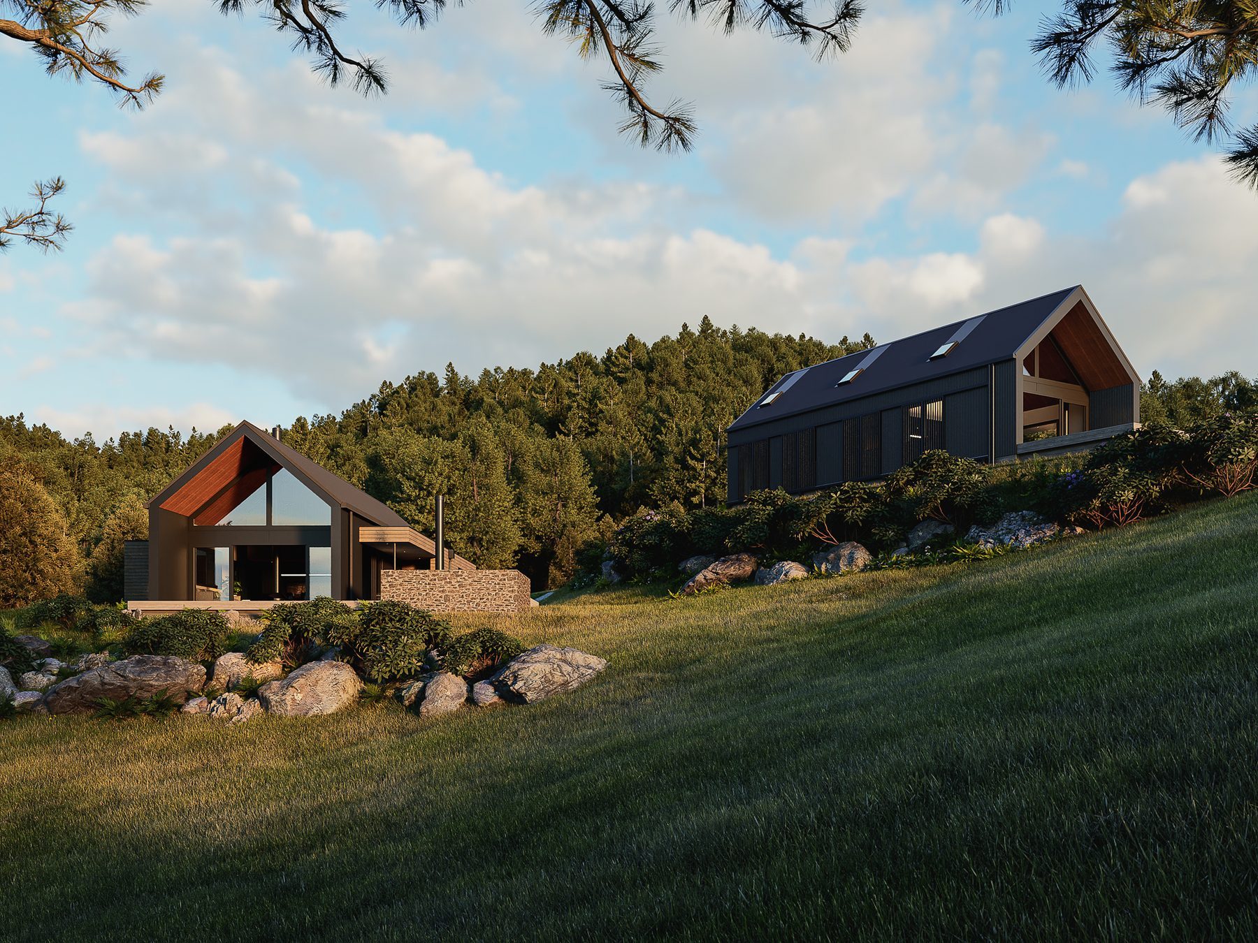 Exterior render: dark gable forms in the Kaimai landscape.
