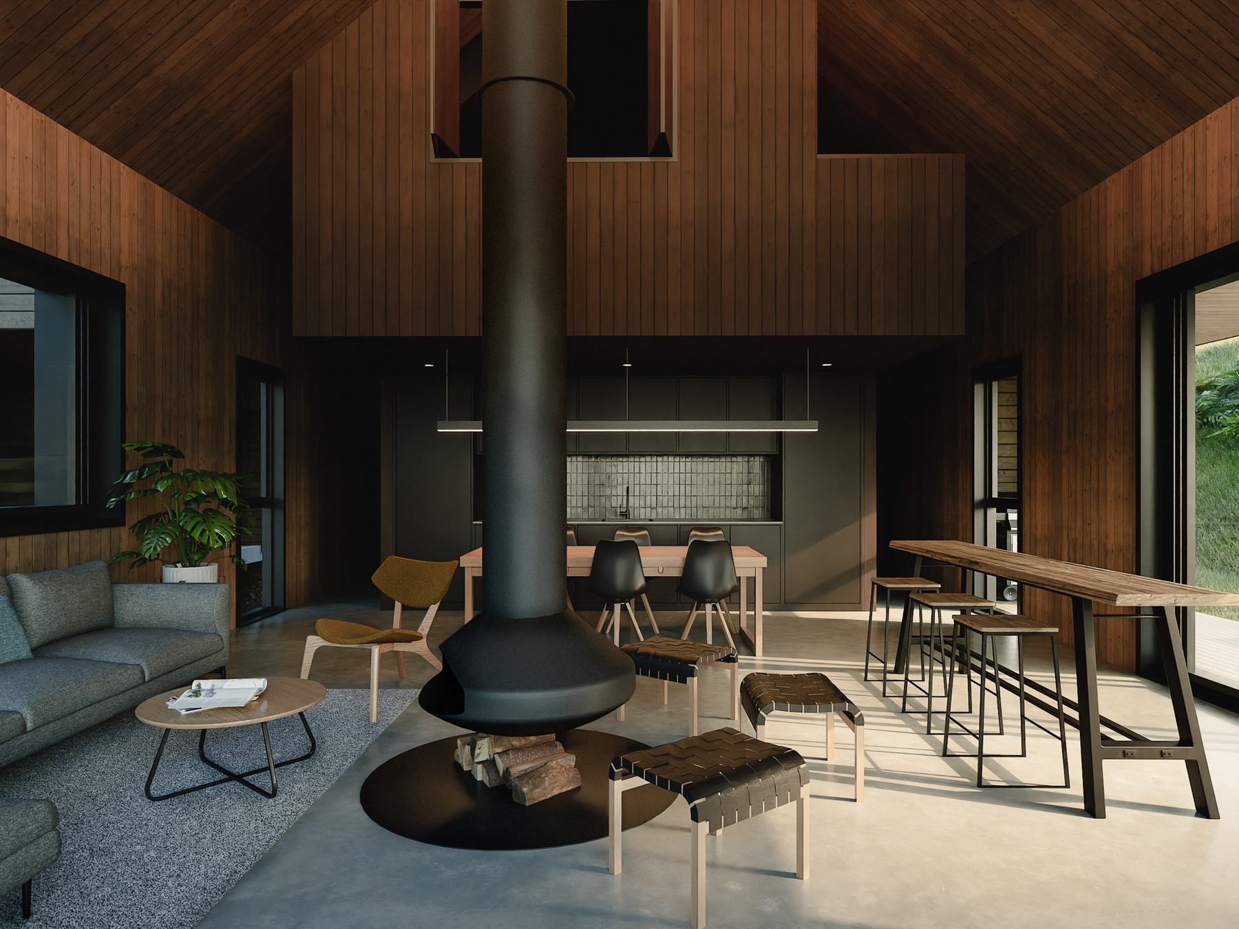 Interior render: living around a central fire.