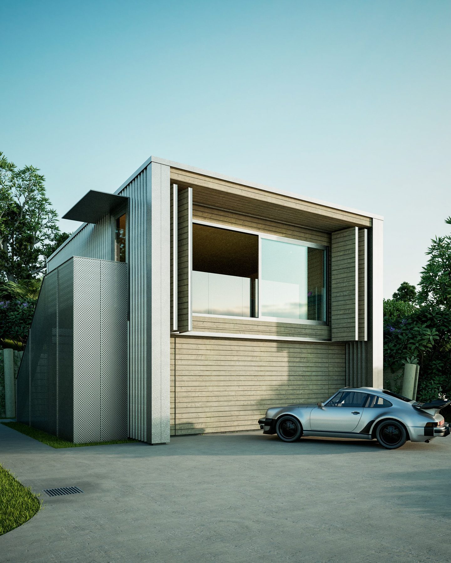 Exterior render: the garage form in vertical cladding.