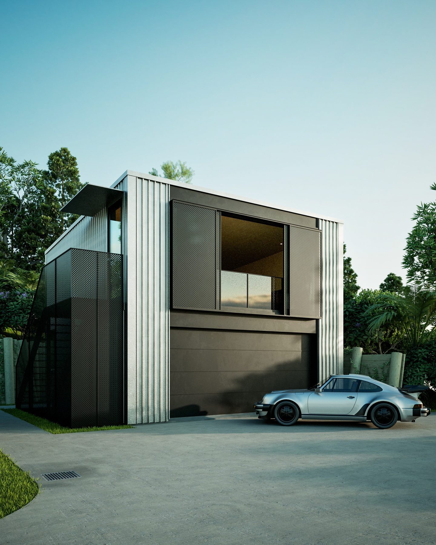 The dark massing with the cantilevered window.