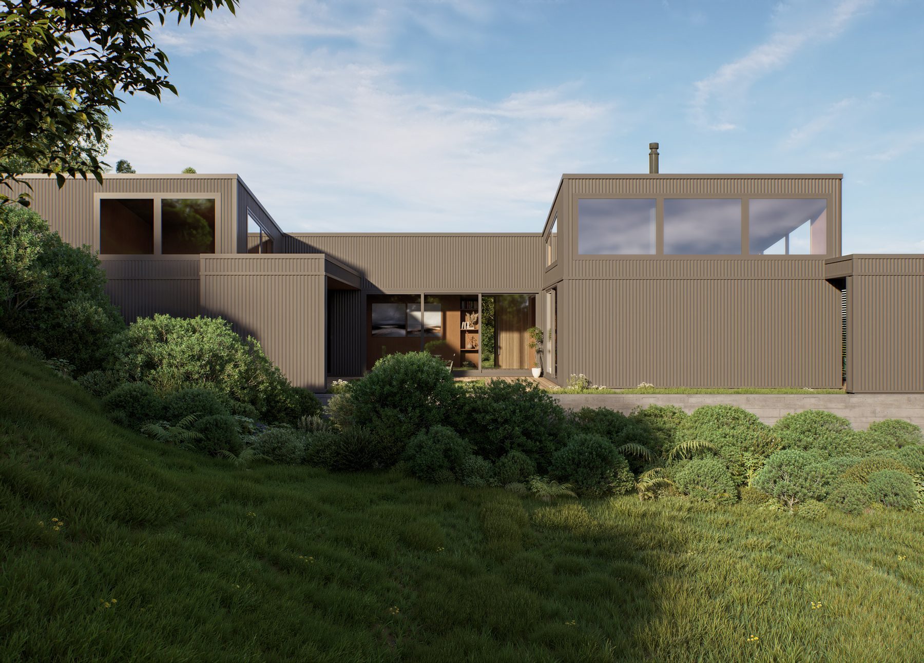 Exterior render: the home along Ōhiwa Harbour.