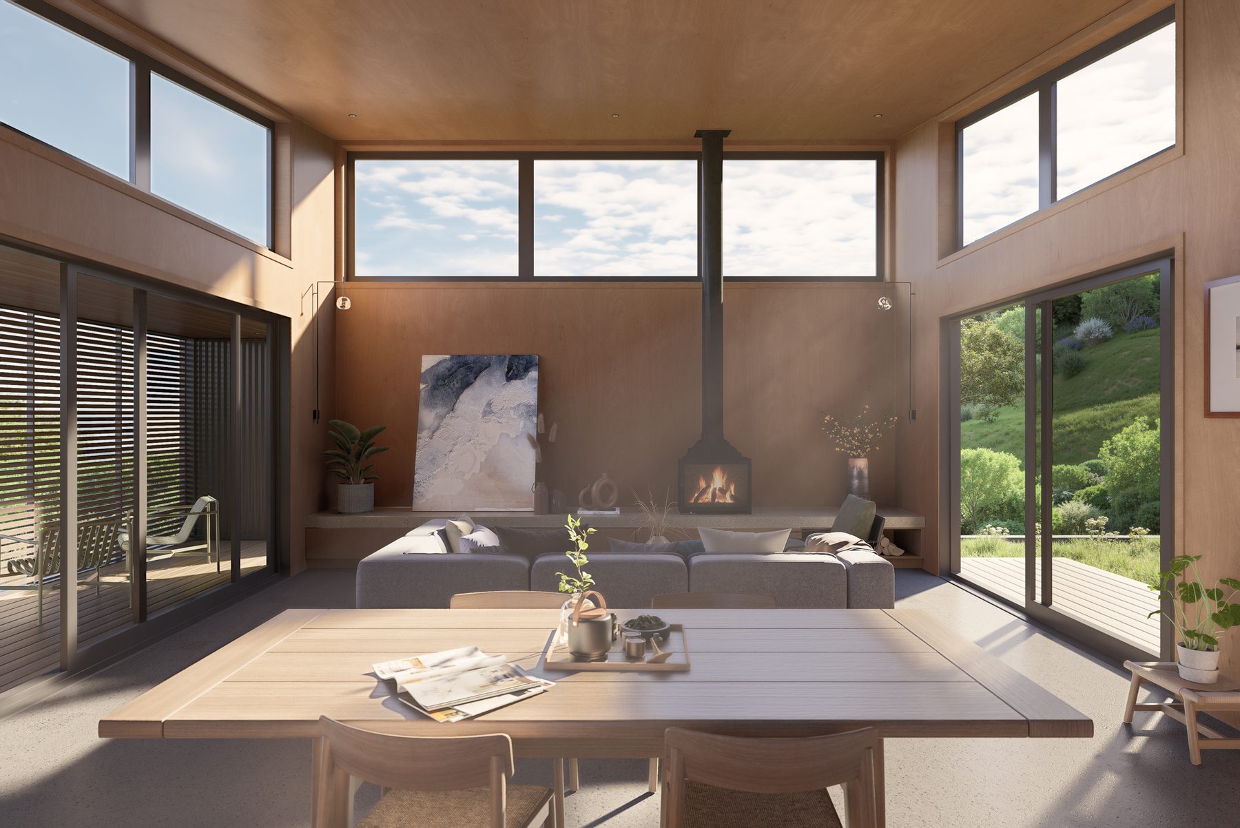 Interior render: living framing the harbour.