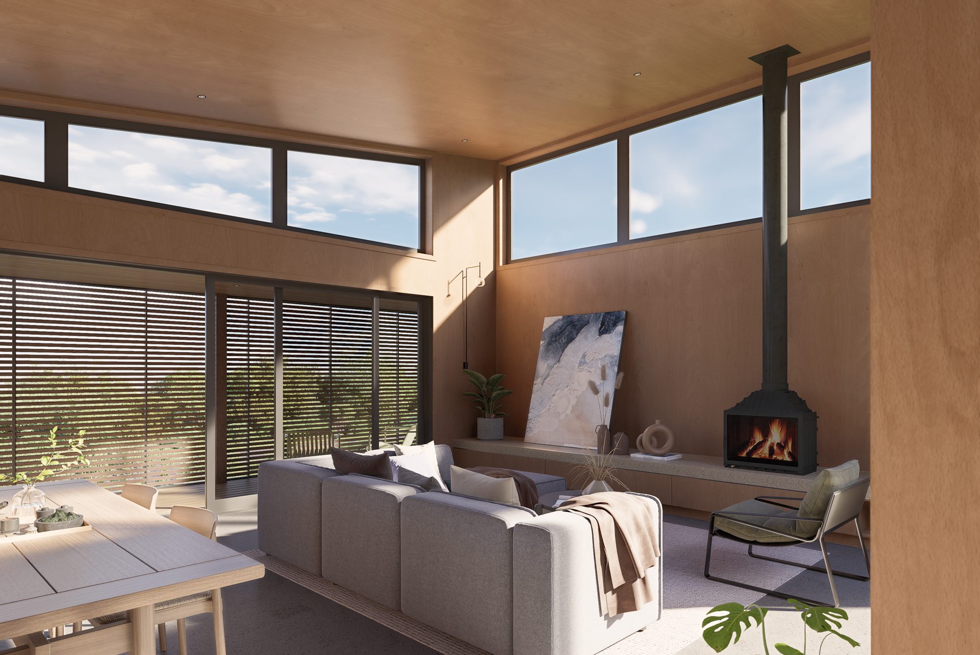 Interior render: a perspective view of the lounge, with the fireplace