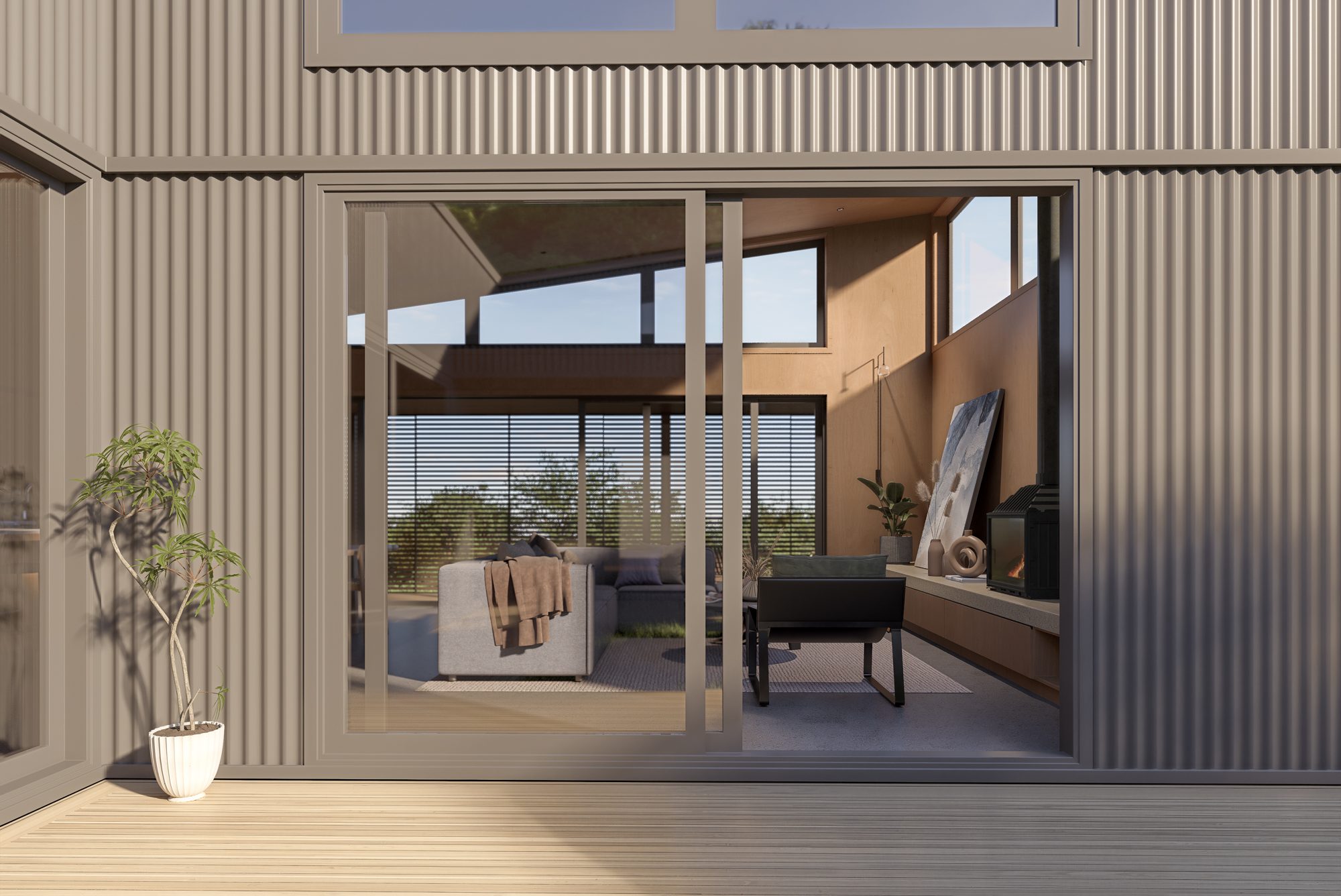 exterior render: a view of the lounge from the courtyard