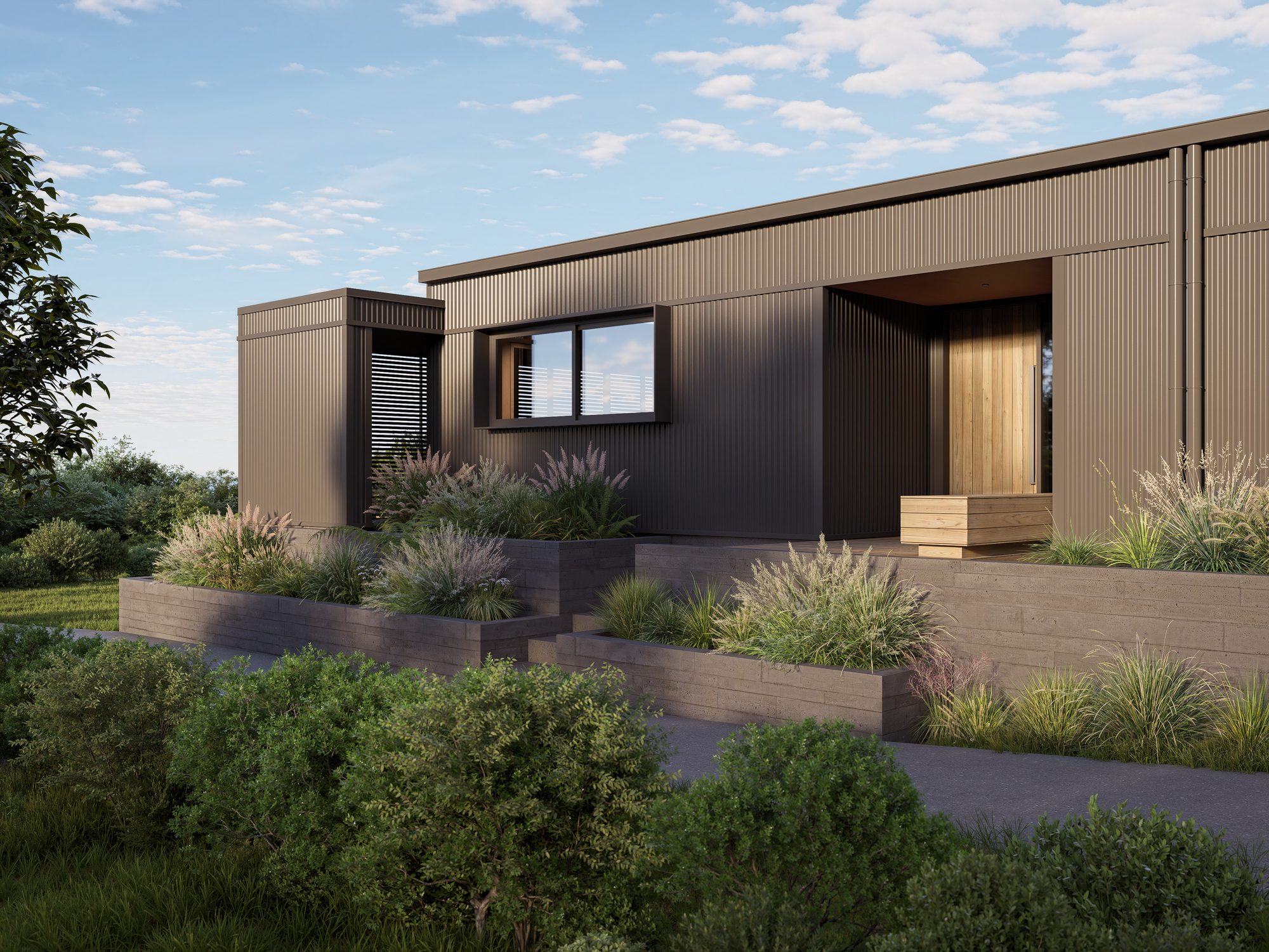 exterior render: a view of the south elevation from the driveway, with the harbour in the background