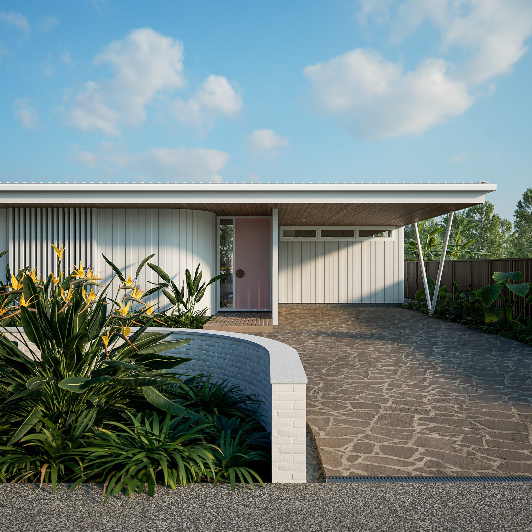 Street approach with planting.