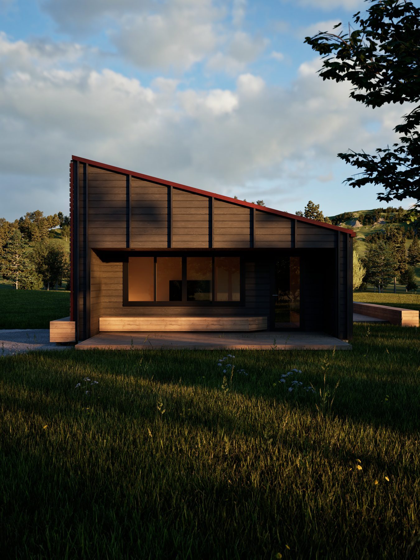 Exterior render: a low dark form in the paddock.