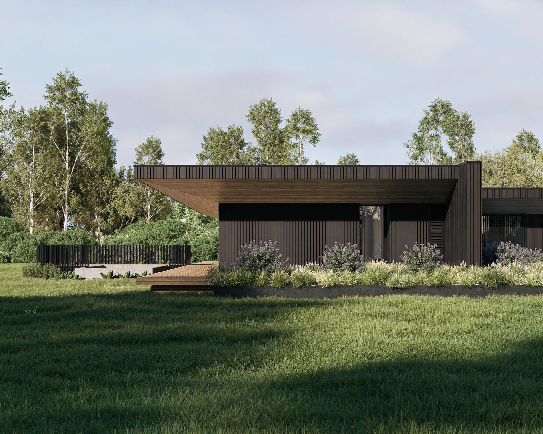 Dusk render of the form in the landscape.
